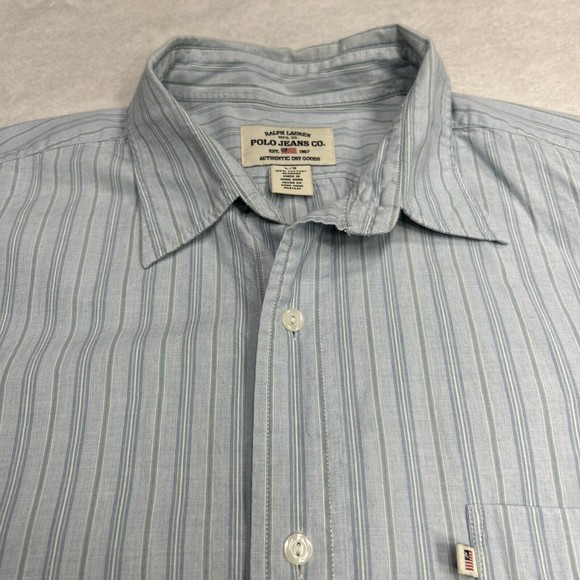 Polo Jeans Ralph Lauren Button Up Shirt Men's Size Large Blue Striped Cotton - Picture 2 of 7